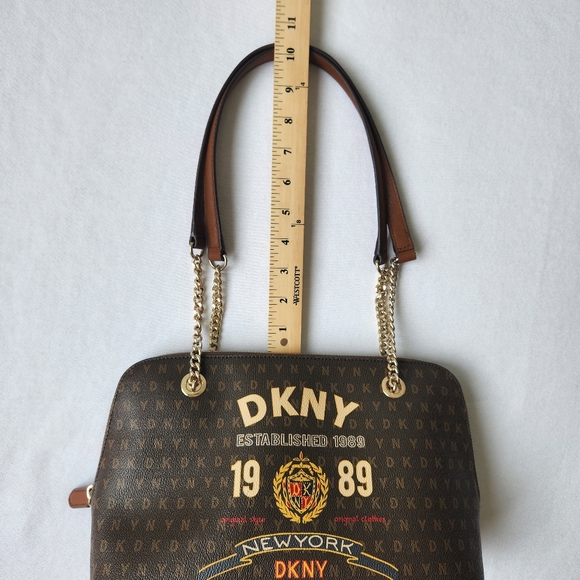 DKNY Signature Logo Maddison Dome Shoulder Bag Satchel Top Zip Brown Gold Chain - Picture 13 of 16